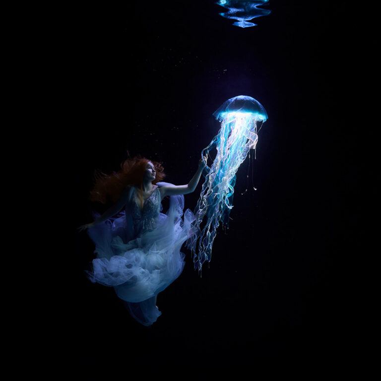 LumiJelly Signature Portrait – FineArt Unterwasserfotografie mit lebendigem Lichtwesen, fotografiert von Stephan Ernst
