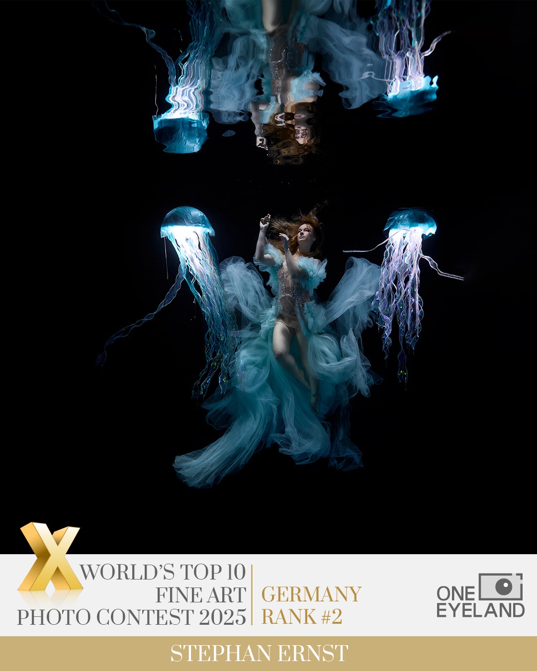 LumiJelly underwater, mirrored composition: two bioluminescent jellyfish flanking the figure, reflected at the water's surface